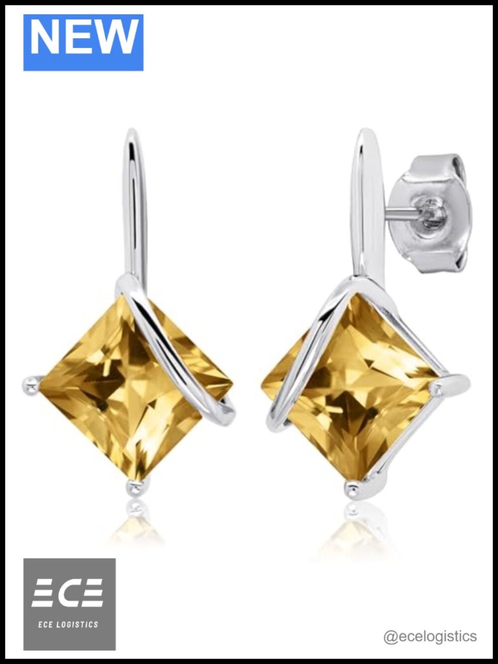 925 Sterling Silver 7MM Princess Cut Citrine Square Drop Dangle Earrings